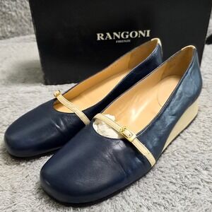 NEW VTG Rangoni Firenze Navy Italian Leather Wedge Heel Shoes Mary‎ Jane  7 AA